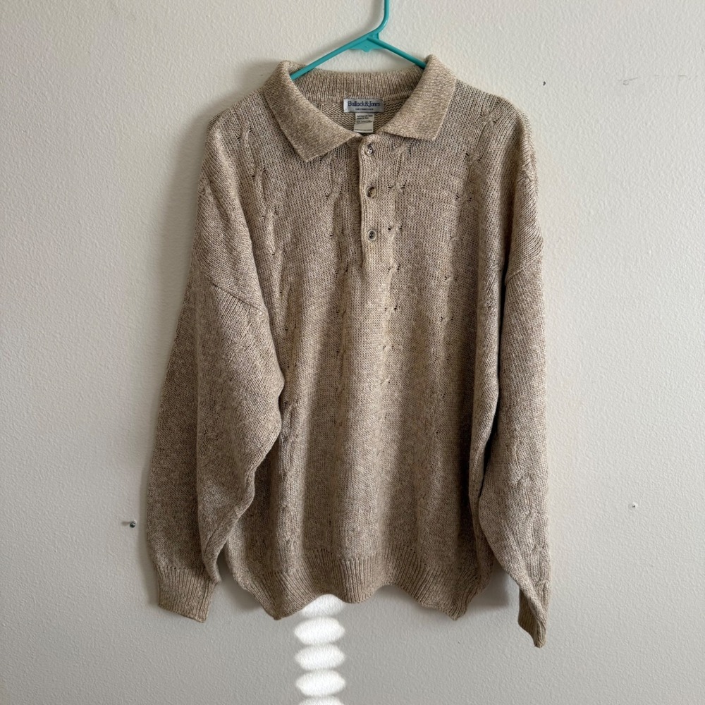 Vintage Bullock & Jones Italy Cotton Linen Knit Polo Sweater Beige Mens XL